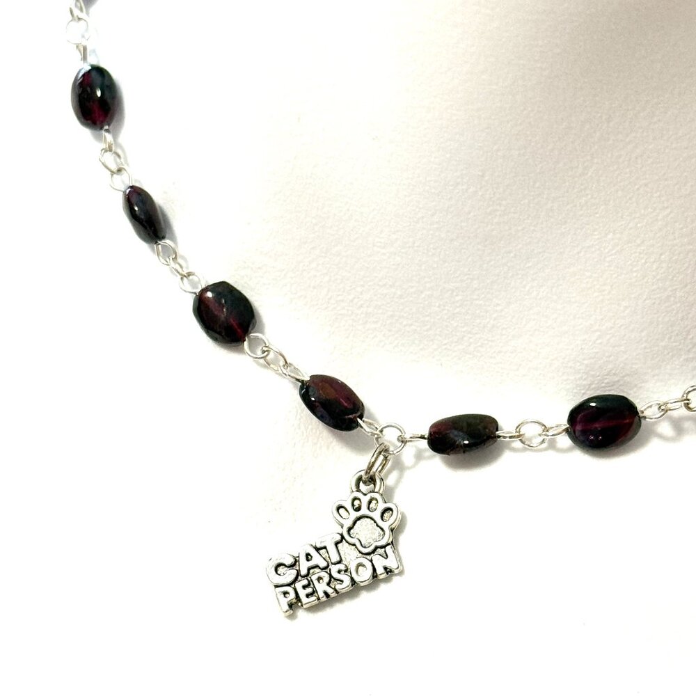 Genuine Garnet Short Necklace, Natural Gemstone w/ Cat Person Paw Print Pendant